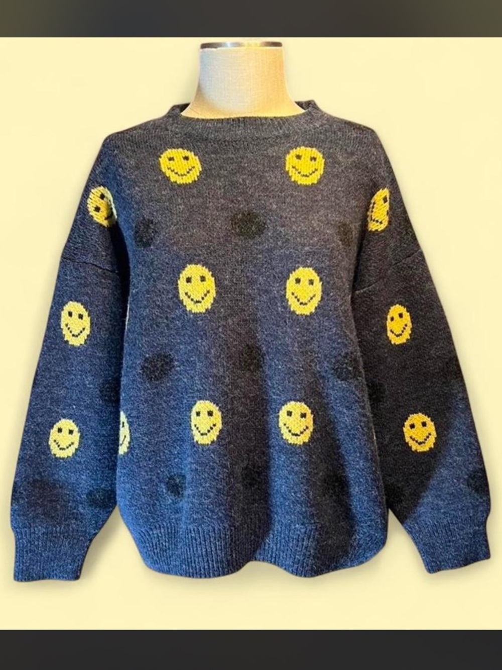 😀Y2K Yellow & Grey Smiley Face Sweater 😀 Unisex Oversized 😀